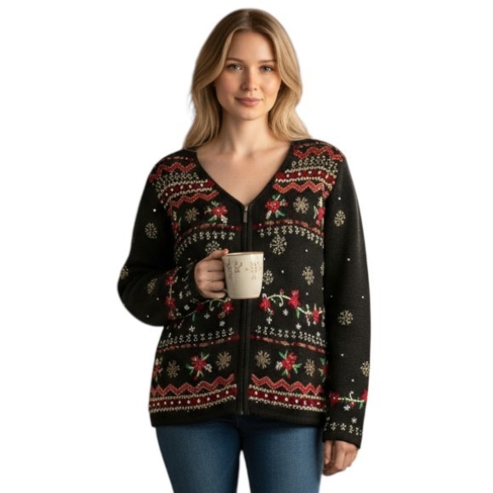Erika Womens Sweater Vintage Christmas Holiday Beaded Zip‎ Up Petite Large